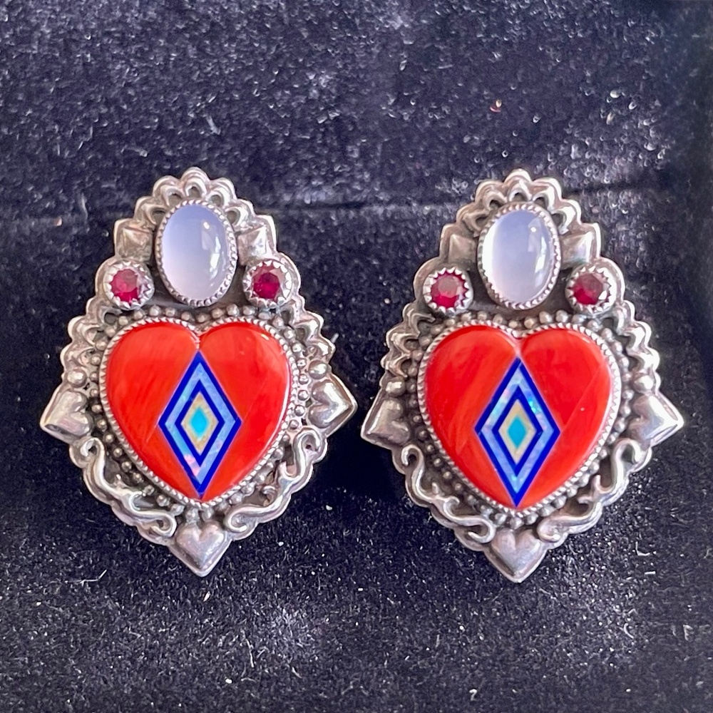Aldrich Art Sterling Silver Red Coral Inlay Earrings